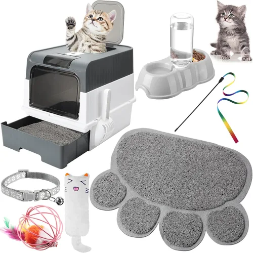 Vista 8 de Tioncy Kit de iniciación de 7 piezas para gatos pequeños, caja de arena para gatos con pala y alfombrilla de arena para patas, cuencos dobles Negro