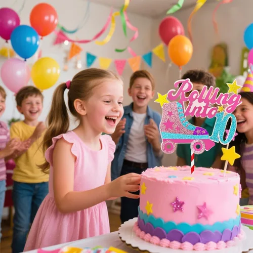 Vista 6 de Decoración para tartas con temática de décimo cumpleaños de 10 años, decoración de cumpleaños de 10 años para niñas, patinaje sobre ruedas, fiesta