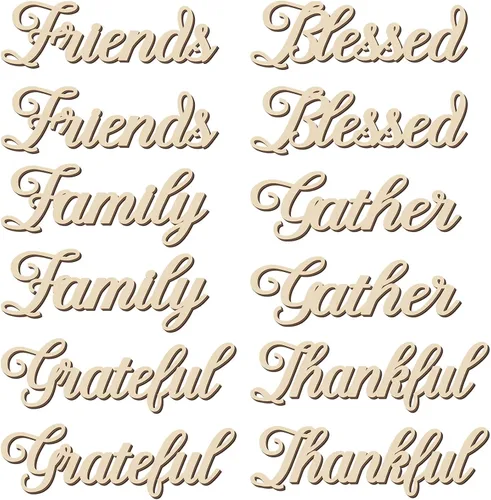 Vista 13 de 12 piezas de letreros de madera con palabras navideñas recortadas "Joyful Merry Thankful Grateful Blessed Peace Gather" para decoración de plato