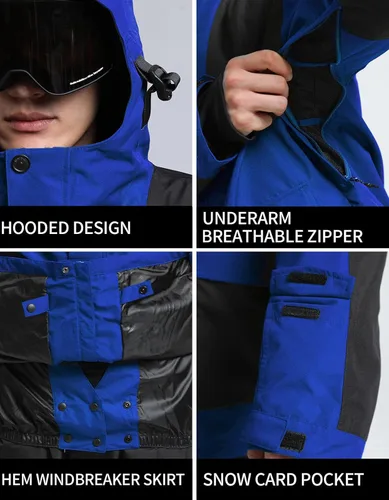 Vista 23 de GSOU SNOW Chaqueta de esquí para hombre, abrigo de nieve para snowboard, cálido, invierno, impermeable, con capucha
