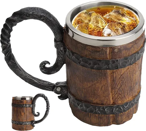 Vista 2 de Taza de cerveza de madera, barril de cerveza, taza vikinga grande estilo de madera, jarra de cerveza con asa, regalos antiguos para hombres, bares