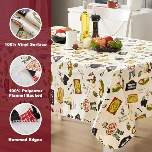 Vista 4 de Newbridge Mantel rectangular de vinilo de 52 x 70 pulgadas con reverso de franela, bistró chef italiano, chef novedoso para interiores y exteriores