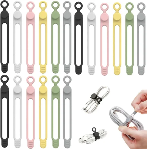 Vista 8 de 12 bridas de silicona para cables, envoltura elástica reutilizable, organizador de cables de datos y correas de gestión de cables, para cables