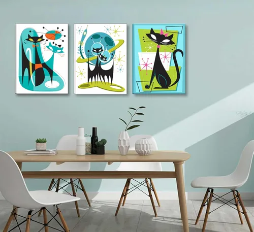 Vista 3 de 3 piezas de arte de pared enmarcado de gatos atómicos, conjunto de pinturas abstractas de futurismo retro de mediados de siglo, azul verde naranja