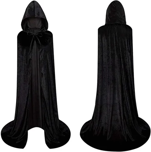 Vista 4 de LHJ Túnica unisex con capucha de longitud completa, capa larga de terciopelo, capa con capucha, disfraz de cosplay Negro