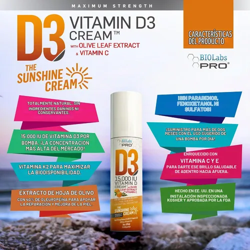 Vista 3 de BIOLABS PRO Crema natural de vitamina D3 de 15000 UI de vitamina D, máxima fuerza, combate la deficiencia de vitamina D de forma natural