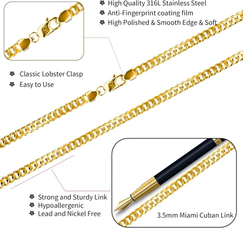 Vista 5 de ROSIEYO Diamond Cut Miami Mens Cuban Link Chain Necklace, 14k Gold Cuban Chain Necklace, Silver Chain for Men Women Boys, 316L Stainless Steel