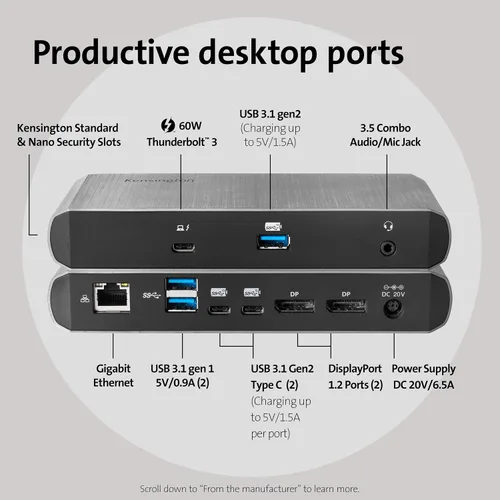 Vista 3 de Kensington Estación de acoplamiento híbrida SD5550T Thunderbolt™ 3 y USB-C Dual 4K - 60W PD - Windows y Mac (K38131NA)