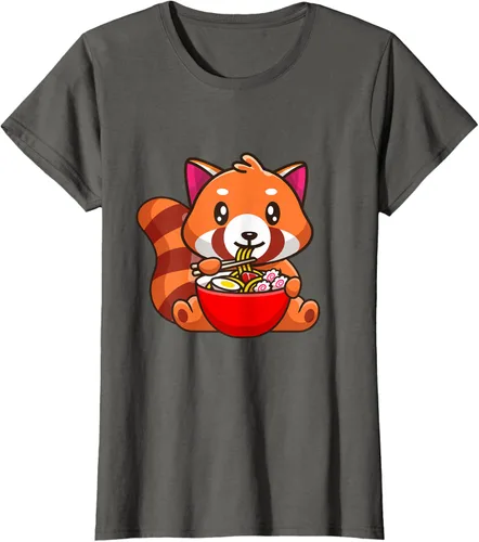 Vista 8 de Camiseta Kawaii Anime Red Panda Eating Ramen Noodles, Negro, S