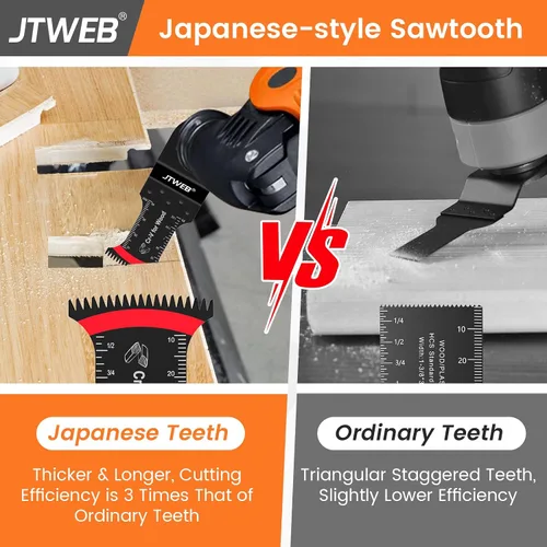 Vista 4 de JTWEB Hojas de sierra oscilantes de dientes japoneses de madera, 12 piezas estándar y de alcance extra largo con borde en forma de arco, cuchillas