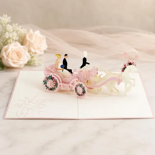 Vista 3 de ETA Tarjeta de felicitación desplegable de boda 3D, tarjeta desplegable de carruaje 3D, tarjeta desplegable de aniversario de boda vintage, tarjeta