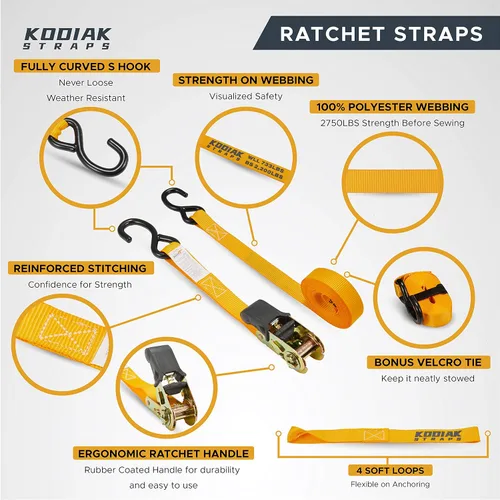 Vista 2 de KODIAK STRAPS Juego de correas de trinquete resistentes con 2200 correas de amarre de resistencia a la rotura 1 pulgada x 17 pies, paquete de 4