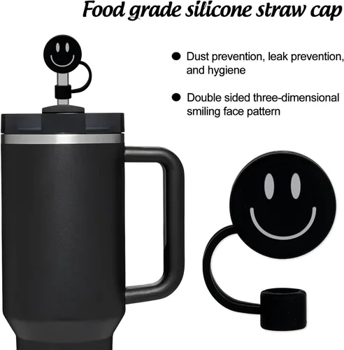 Vista 4 de Whaline 6 fundas de paja negras con diseño de sonrisa de 0.4 pulgadas, de silicona, reutilizables, redondos, con patrón de doble cara, para vasos