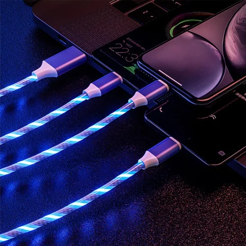 Vista 3 de IHAO Cable de carga multipuerto, 3 combinaciones en un cable USB A a USB C/Micro USB PD, cable de carga rápida iluminado LED que fluye compatible