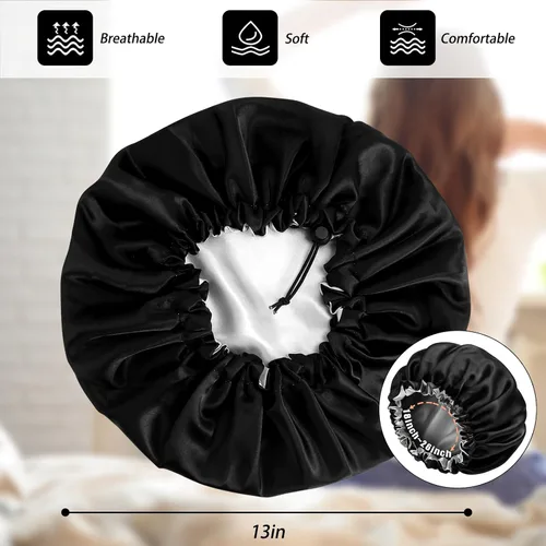 Vista 6 de Gorro de seda de satén para cabello rizado, gorro trenzado para dormir, para mujer, grande, doble capa ajustable (2 unidades, negro) Double Layer