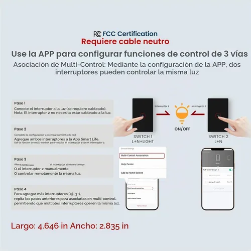 Vista 5 de Interruptor de luz inteligente requiere cable neutro, certificado FCC, interruptor de botón de presión WiFi de 2.4GHz compatible con Alexa, control