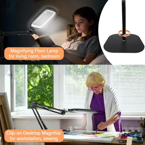 Vista 5 de Lupa de piso extra grande de 30 x 10 veces con luz y soporte, lámpara de aumento ajustable 3 en 1 con lente rectangular de 6.3 x 4.3 pulgadas