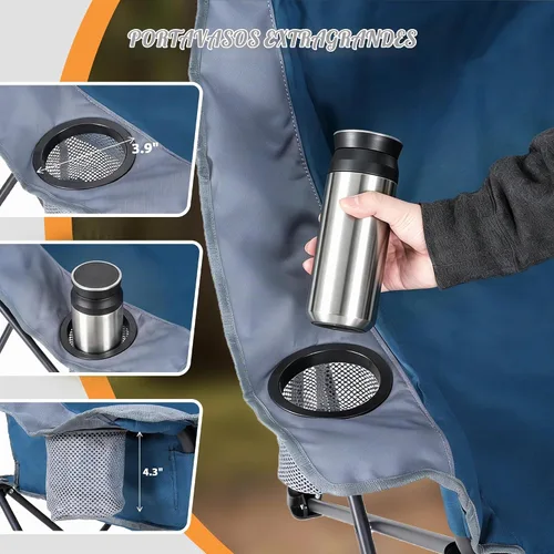 Vista 6 de Unisakey Silla de campamento doble, sofá biplaza acolchado de gran tamaño, silla plegable resistente de 650 libras con portavasos y bolsa de Azul