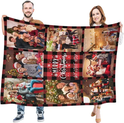 Vista 2 de Mantas personalizadas de Feliz Navidad, regalos personalizados con tus propias fotos, manta de fotos personalizada para mamá, papá, abuela, abuelo