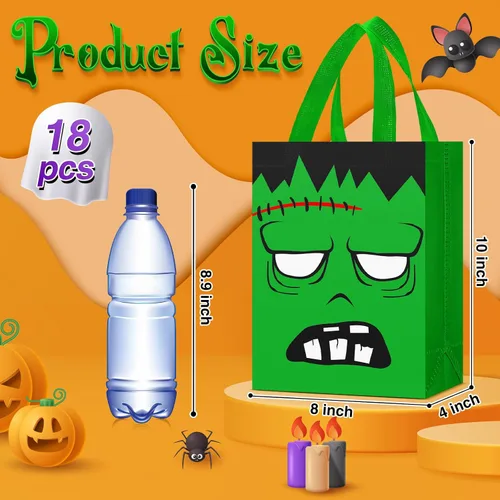 Vista 2 de Paterr 18 bolsas de dulces de Halloween, reutilizables, no tejidas, bolsas de regalo de gato, fantasma, vampiro, zombi, calabaza, con asas, a granel
