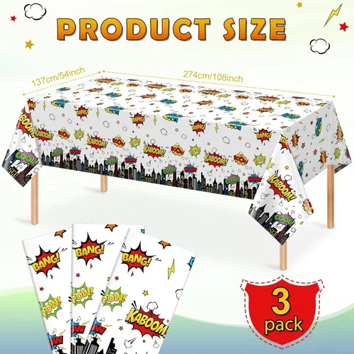Vista 2 de 3 manteles de fiesta de cumpleaños con temática de héroes, mantel rectangular desechable de plástico de paisaje urbano blanco Super Bang para baby
