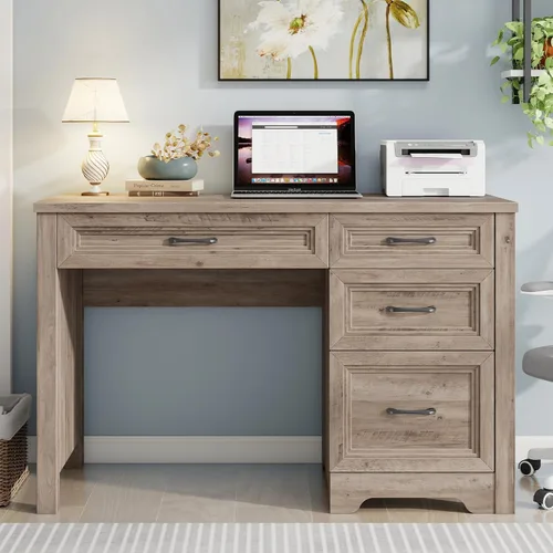 Vista 8 de Halitaa Escritorio ejecutivo de granja con cajones, escritorio de madera para computadora con amplio cajón de archivos, escritorio rústico
