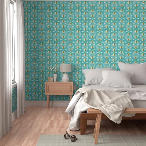 Vista 5 de Spoonflower Papel tapiz autoadhesivo para despegar y pegar, diseño geométrico moderno de mediados de siglo, color verde aguamarina, papel tapiz
