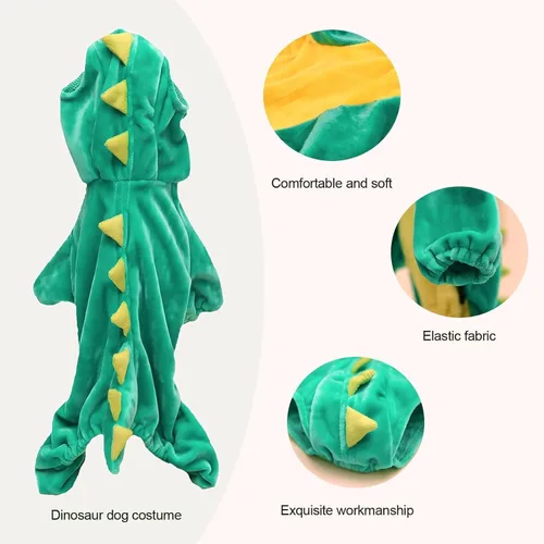 Vista 2 de Disfraz de dinosaurio para perro, ropa de perro de dinosaurio de Halloween, linda ropa para gatos, sudadera divertida con capucha para mascotas Verde