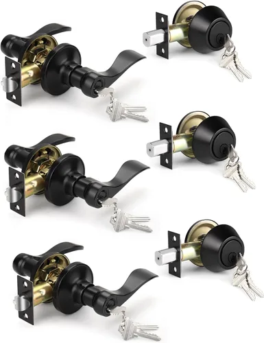 Vista 8 de Knobonly - Paquete de 1 manija para puerta delantera con llave similar y cerrojo de cilindro simple, juego de cerradura exterior color negro mate