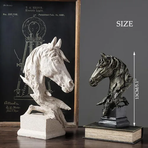 Vista 3 de Adorno retro de cabeza de caballo pequeña de arte creativo, adornos de estatua de resina, esculturas de estilo abstracto, decoraciones de sala