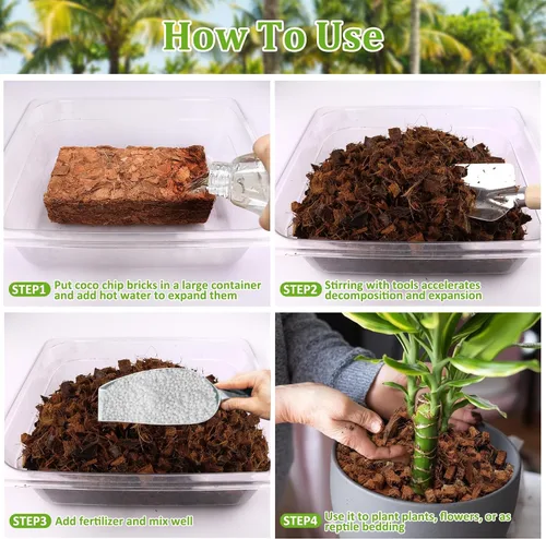 Vista 4 de Riare Paquete de 2 sustratos de chips de coco para plantas, 2.2 libras, ladrillo de cáscara de coco 100% orgánico con baja EC y pH equilibrado