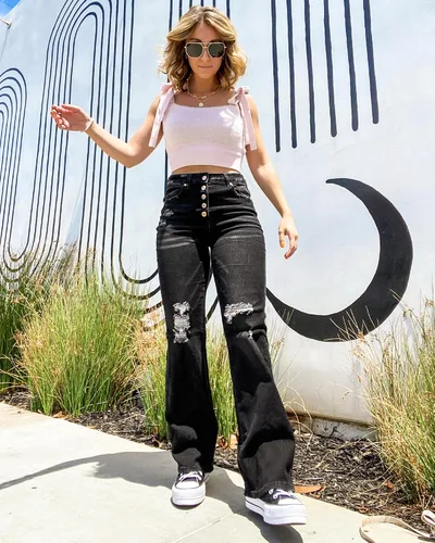 Vista 5 de LookbookStore - Jeans rasgados de cintura alta para mujer, pantalones de pierna ancha acampanados y desgastados
