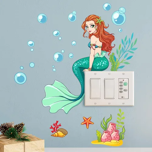 Vista 3 de Calcomanías luminosas de pared de sirena que brillan en la oscuridad, calcomanías de pared de princesa de dibujos animados, calcomanías de pared