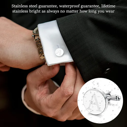 Vista 5 de LOYALLOOK - Gemelos de acero inoxidable grabados con inicial y clip de corbata, diseño de letras del alfabeto con caja de regalo, A-Z, acero