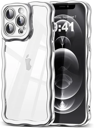 Vista 33 de SKYLMW Funda compatible con iPhone 12 Pro, diseño de ondas rizadas kawaii, borde chapado de lujo, elegante parte trasera transparente brillante, TPU