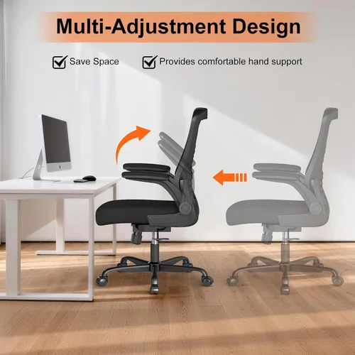 Vista 5 de Silla de oficina ergonómica, cómoda silla de escritorio de malla con reposabrazos abatibles y ruedas de rodadura suave, silla de computadora