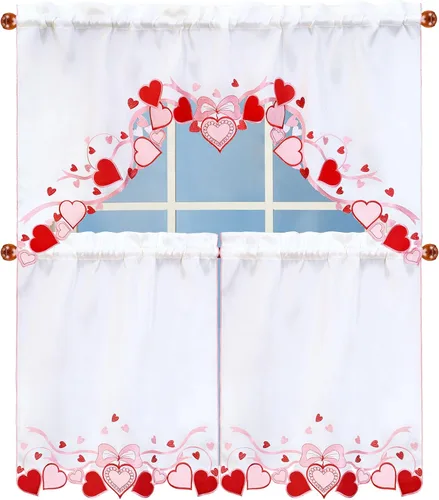 Vista 8 de Juego de cortinas bordadas de bastón de caramelo para ventana de cocina con cenefa y niveles para las fiestas navideñas (Bastón de caramelo)