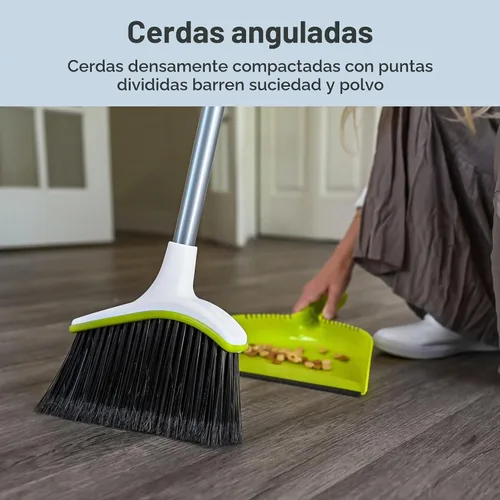 Vista 5 de Casabella Basics - Juego de escoba y recogedor en ángulo de 2 piezas, escoba en ángulo de 44 pulgadas con mango largo y recogedor, plata/verde