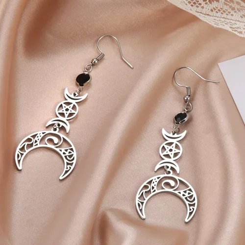 Vista 4 de TEAMER Pendientes de nudo de brujas con piedra natal negra de acero inoxidable con nudo celta gótico Wicca Pentagrama