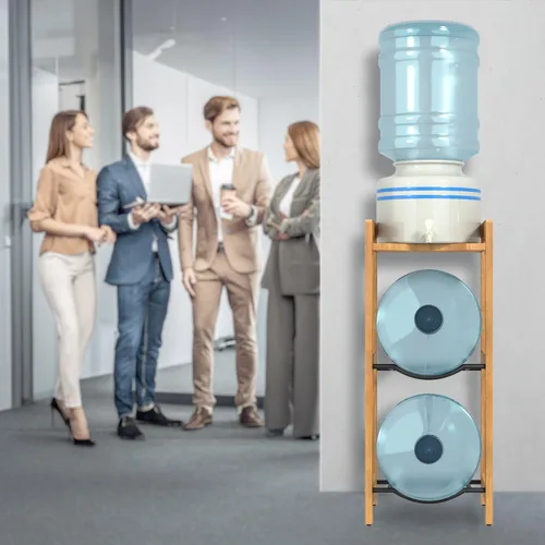 Vista 5 de Soporte para jarra de agua de 5 galones con estantes superiores, soporte dispensador de agua de madera maciza natural de 31 pulgadas de alto