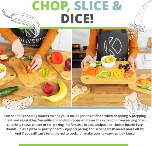 Vista 4 de Oliver's Kitchen ® Juego de 3 tablas de cortar de madera, diferentes tamaños para cada ocasión, bellamente diseñadas, duraderas y resistentes al