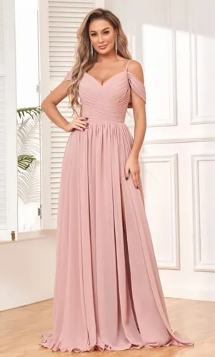 Vista 3 de BOLENSYE Vestidos de dama de honor con hombros descubiertos y bolsillos, vestido de noche formal con abertura larga de gasa fruncida