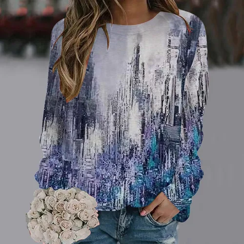 Vista 2 de JUSLIO Camisetas básicas de otoño para mujer, con estampado de rayas, túnica con cuello redondo, manga larga, sudaderas de otoño 2023