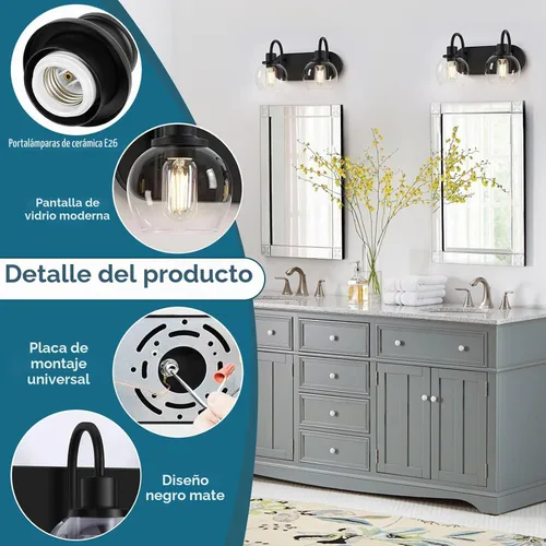 Vista 3 de Dpyrrhic Moderna lámpara de tocador de 2 luces, accesorio de iluminación de baño sobre espejo con pantalla de vidrio transparente y base de metal