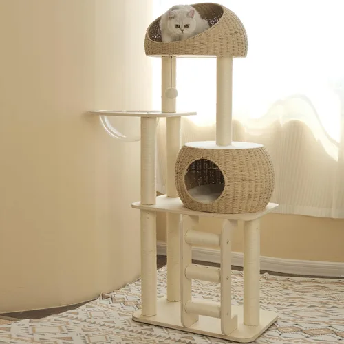 Vista 6 de Árbol de ratán de 56.7 pulgadas de alto para gatos de interior, torre de madera para gatos de varios niveles con postes rascadores, muebles