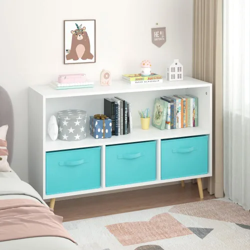 Vista 8 de Estantería infantil con 3 cajones de tela plegables, organizador de almacenamiento de juguetes con múltiples estantes para niñas y niños, habitación