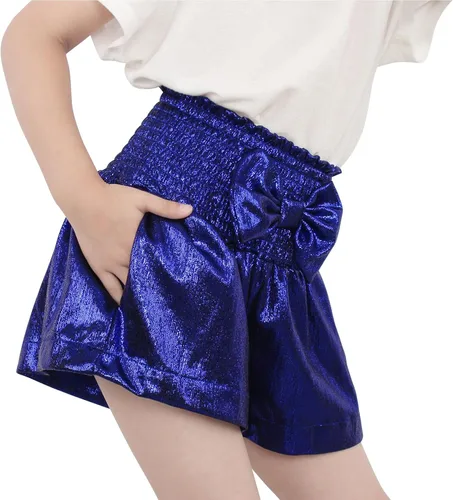 Vista 2 de MODAFANS Pantalones cortos metálicos para niñas, cintura alta, elásticos, brillantes, con lentejuelas brillantes, pantalones cortos con purpurina