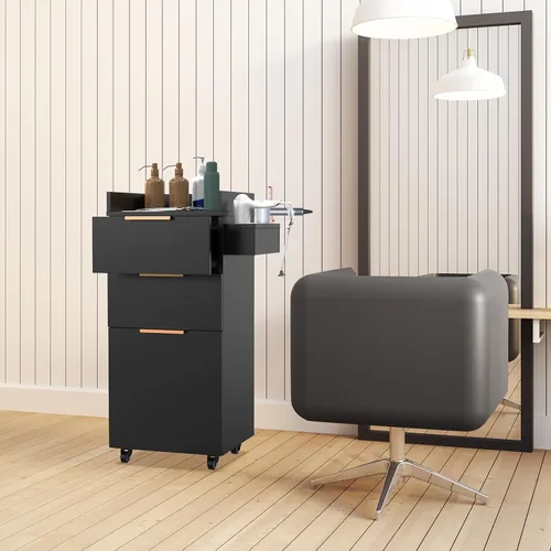 Vista 9 de OmySalon Carrito de salón con ruedas, 2 cajones y 1 armario de almacenamiento, carrito de salón para estilista, estación de peinado portátil