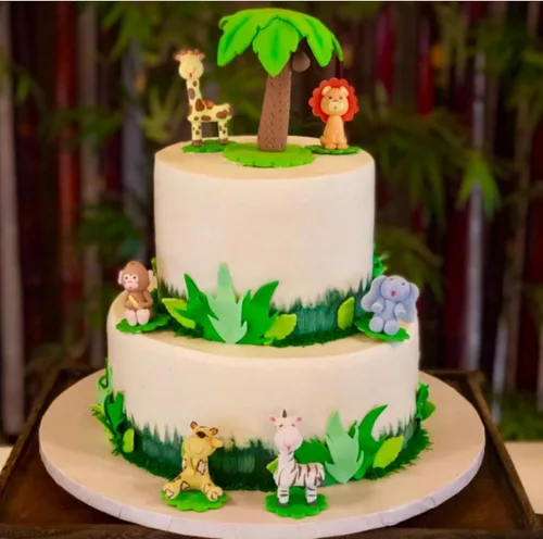 Vista 3 de Decoración para tartas de animales de la selva, juego de safari, para baby showers, cumpleaños, jirafa, mono, cebra, león, tigre, elefante, palmera