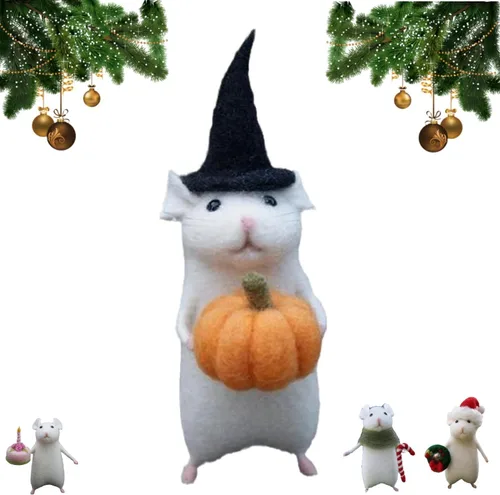 Vista 11 de DABATO Ratón de Halloween con una calabaza, adorno de ratón navideño de fieltro de lana hecho a mano, con aguja, calabaza, animales, decoración